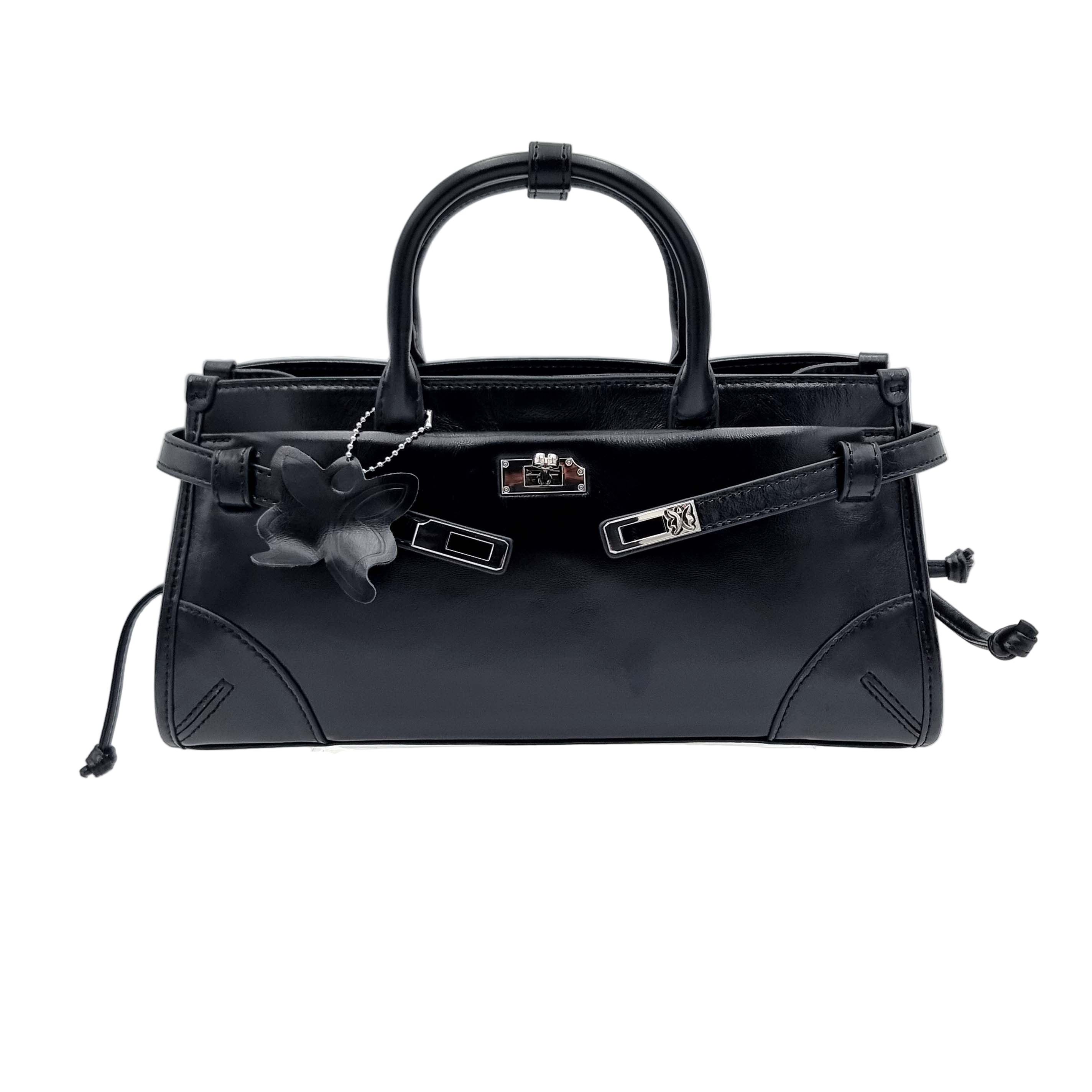 Black Premium Real Leather Tote handbag with silver hardware