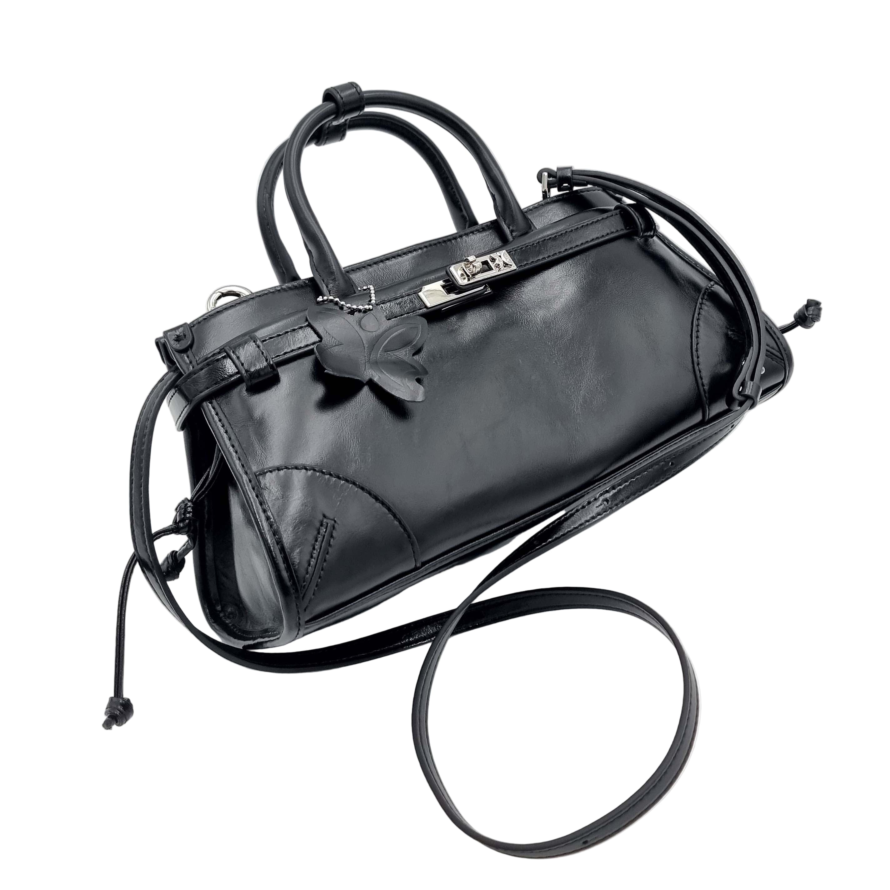 Black Premium Real Leather Tote handbag with silver hardware