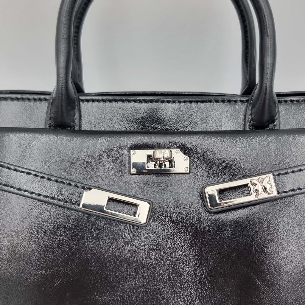 Black Premium Real Leather Tote handbag with silver hardware