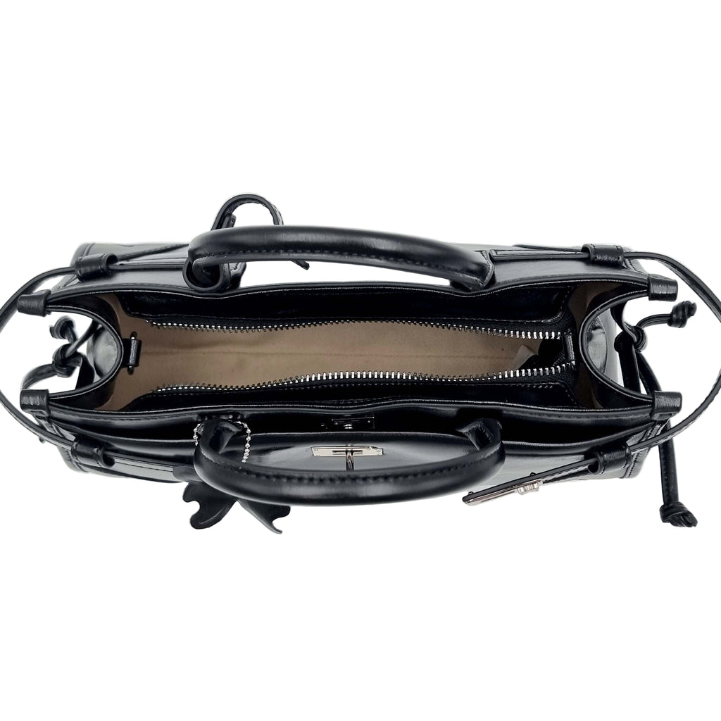 Black Premium Real Leather Tote handbag with silver hardware