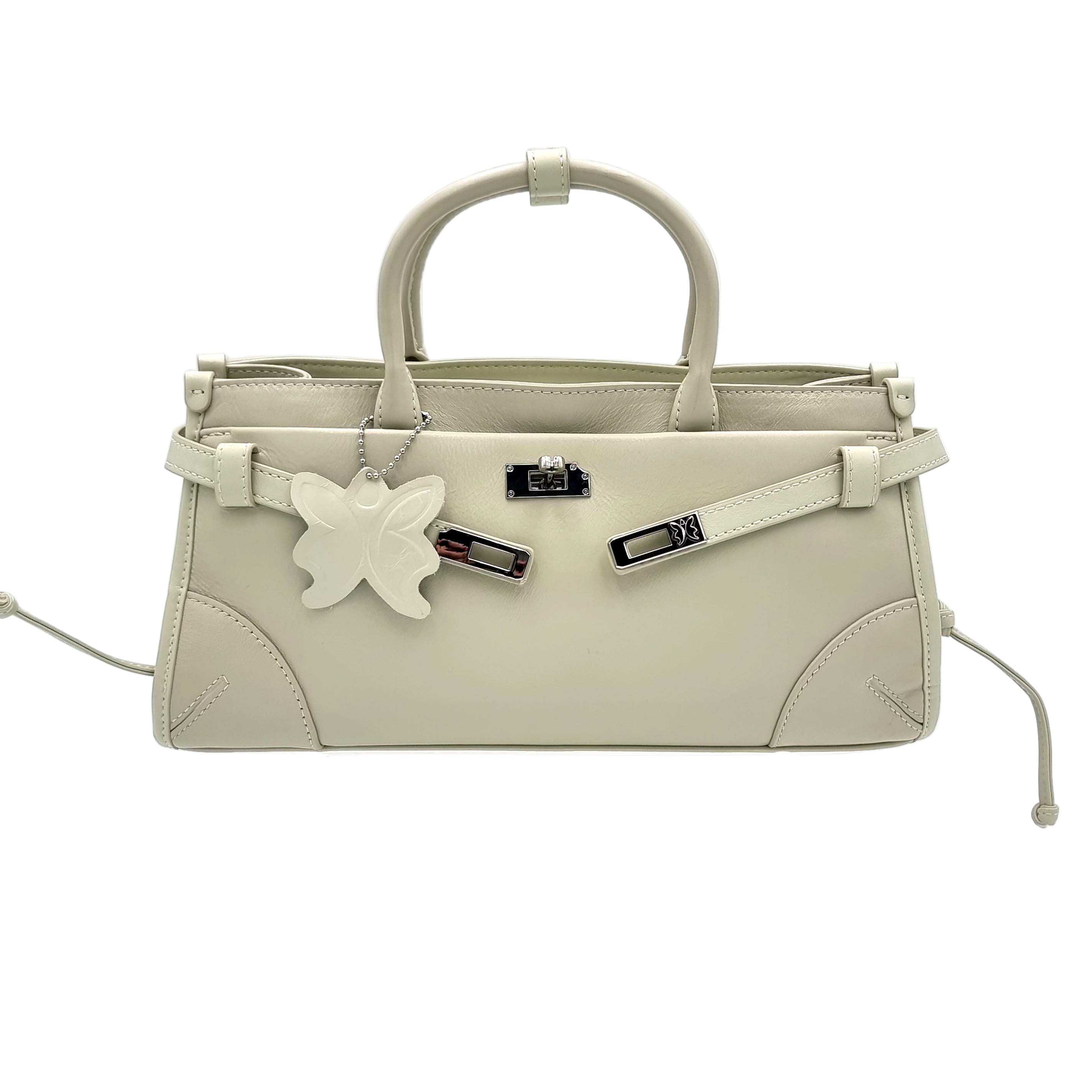 Beige Premium Real Leather Tote handbag with silver hardware