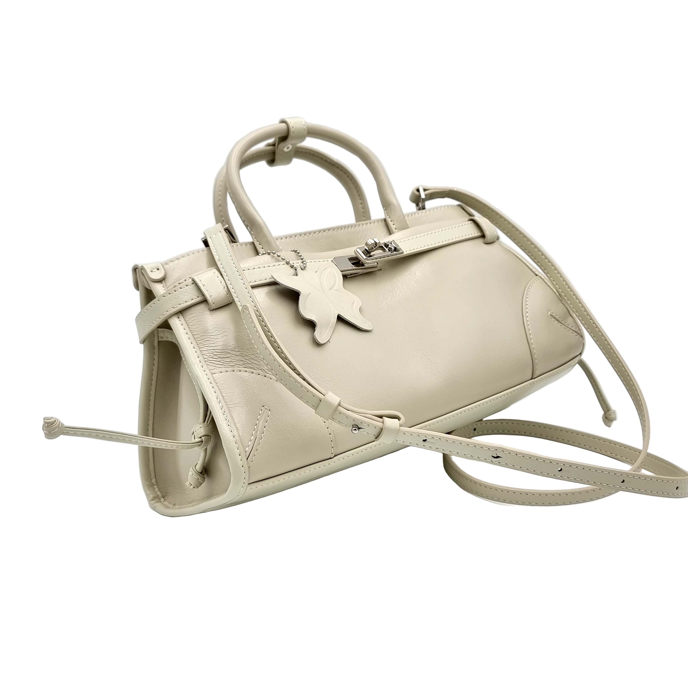 Beige Premium Real Leather Tote handbag with silver hardware