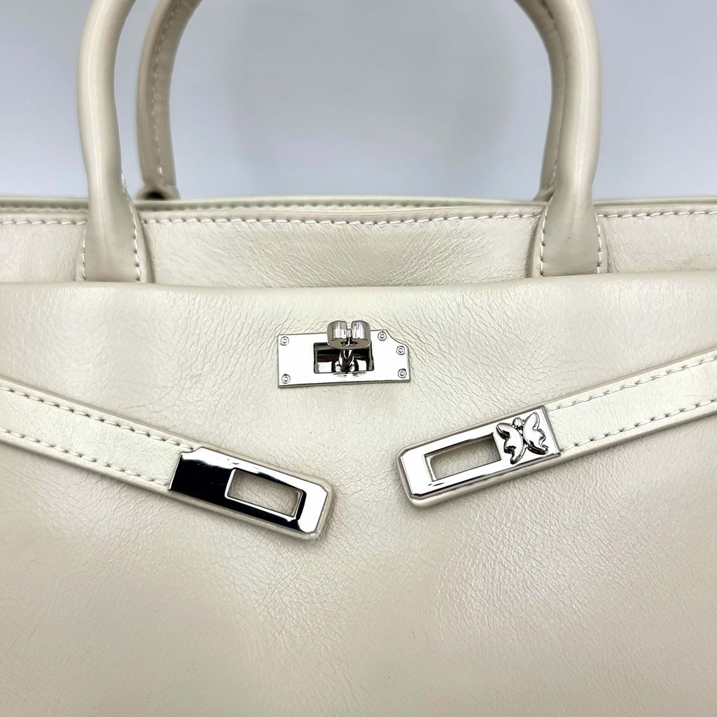 Beige Premium Real Leather Tote handbag with silver hardware