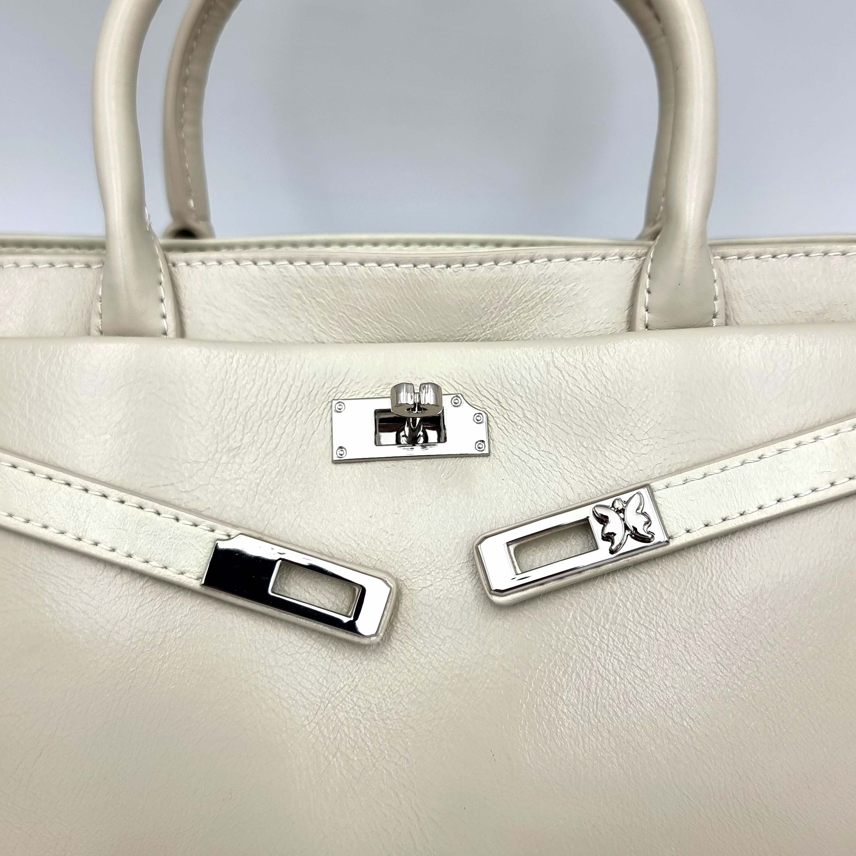 Beige Premium Real Leather Tote handbag with silver hardware