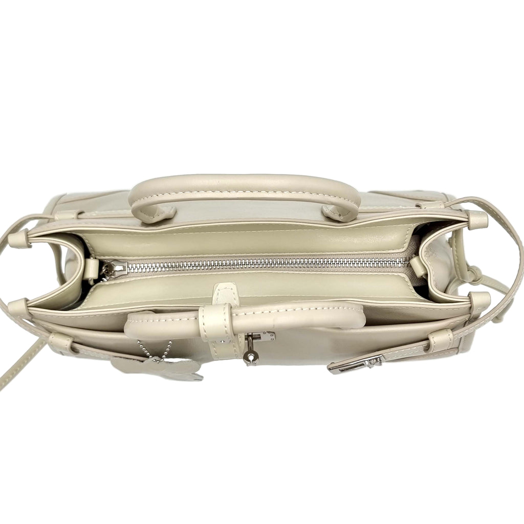 Beige Premium Real Leather Tote handbag with silver hardware