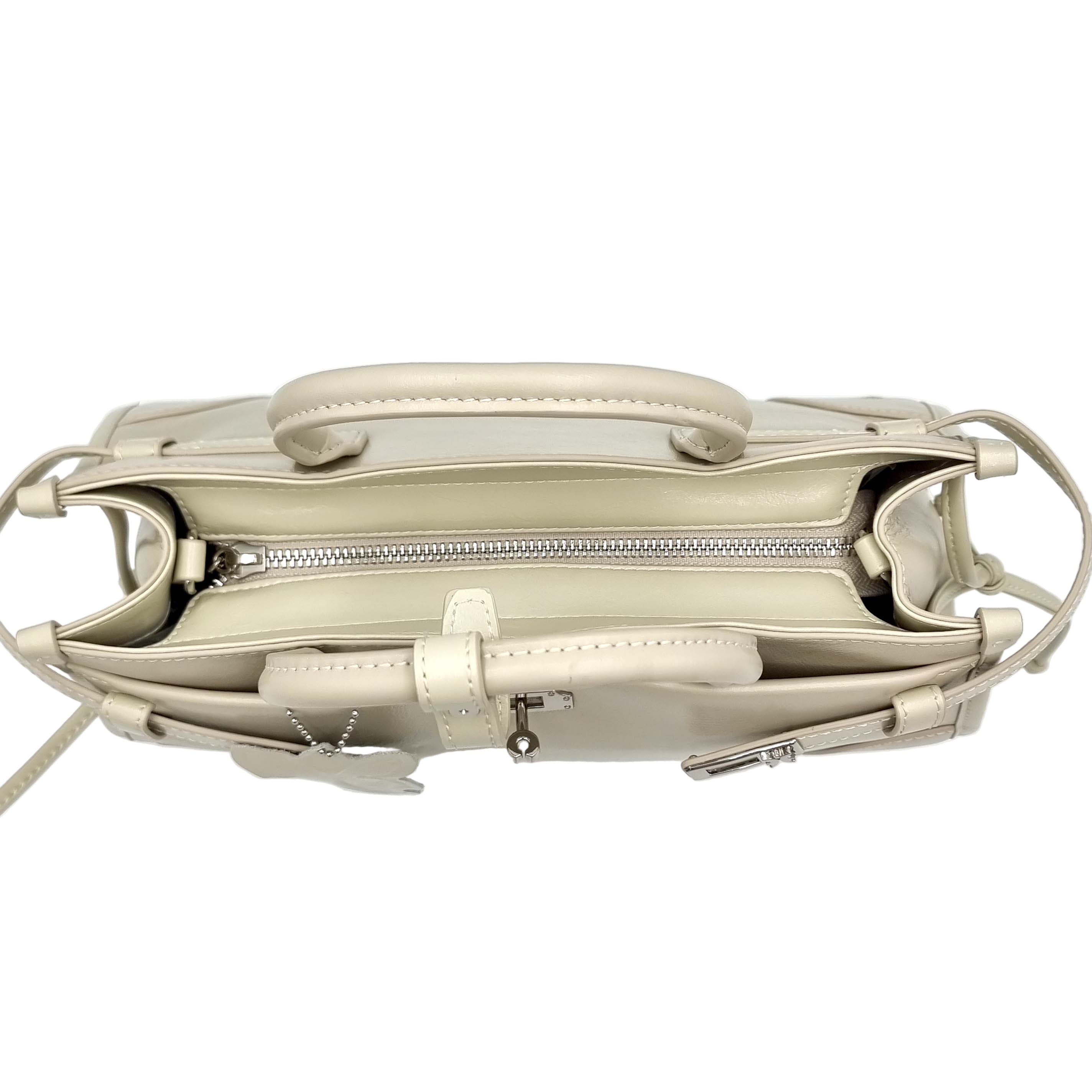 Beige Premium Real Leather Tote handbag with silver hardware