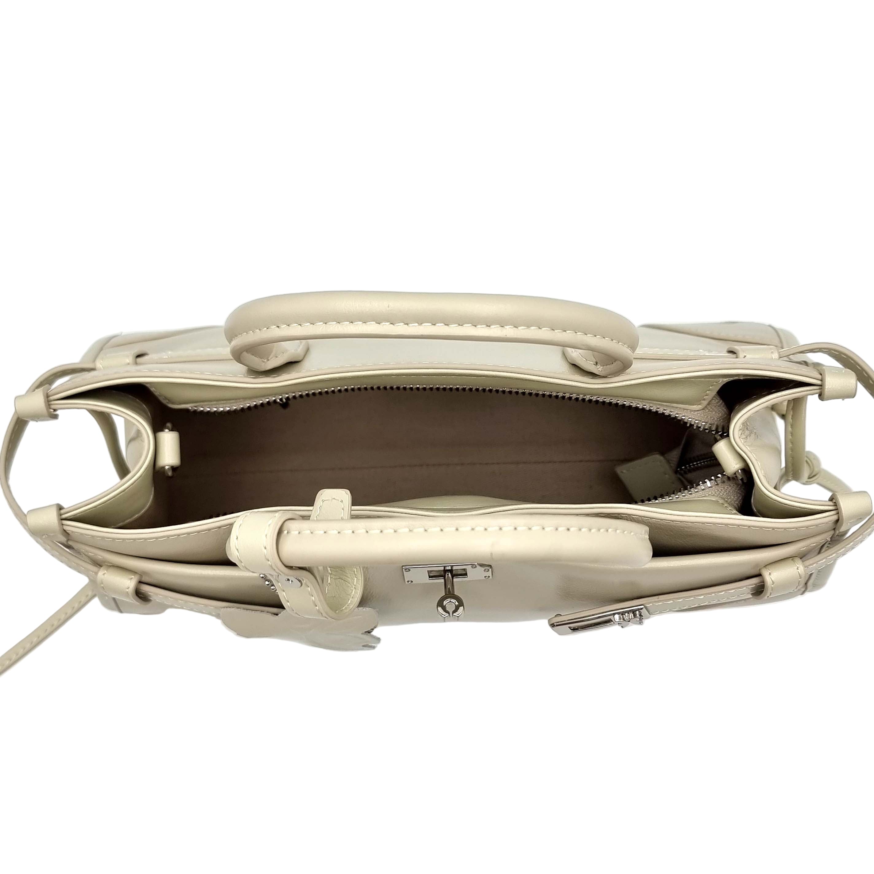 Beige Premium Real Leather Tote handbag with silver hardware