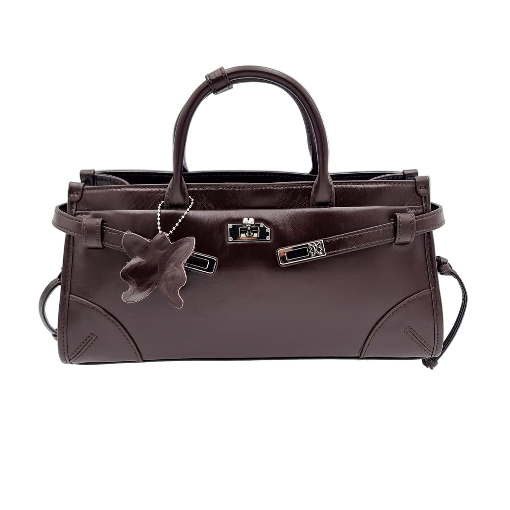 Deep Red Brown Premium Real Leather Tote handbag with silver hardware
