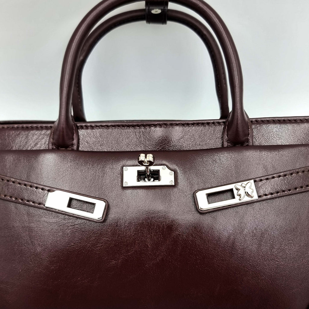 Deep Red Brown Premium Real Leather Tote handbag with silver hardware