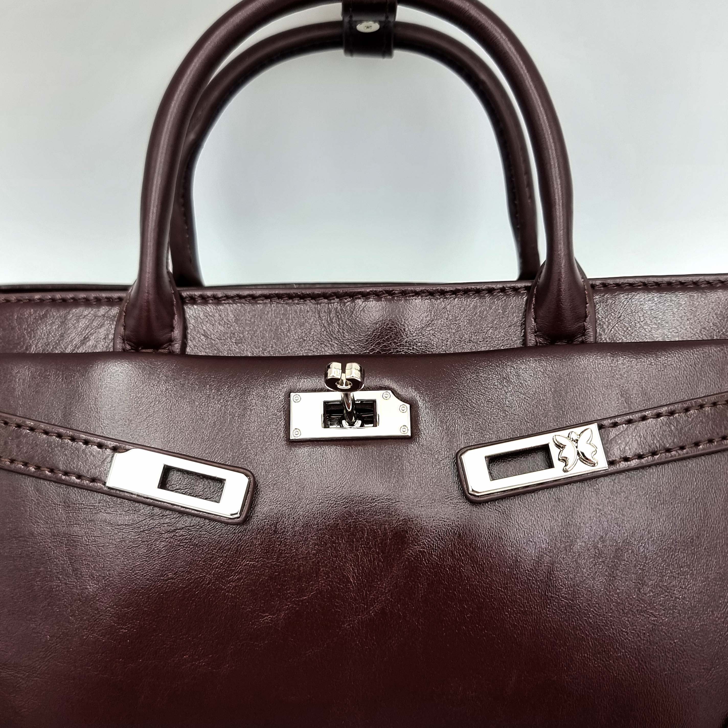 Deep Red Brown Premium Real Leather Tote handbag with silver hardware