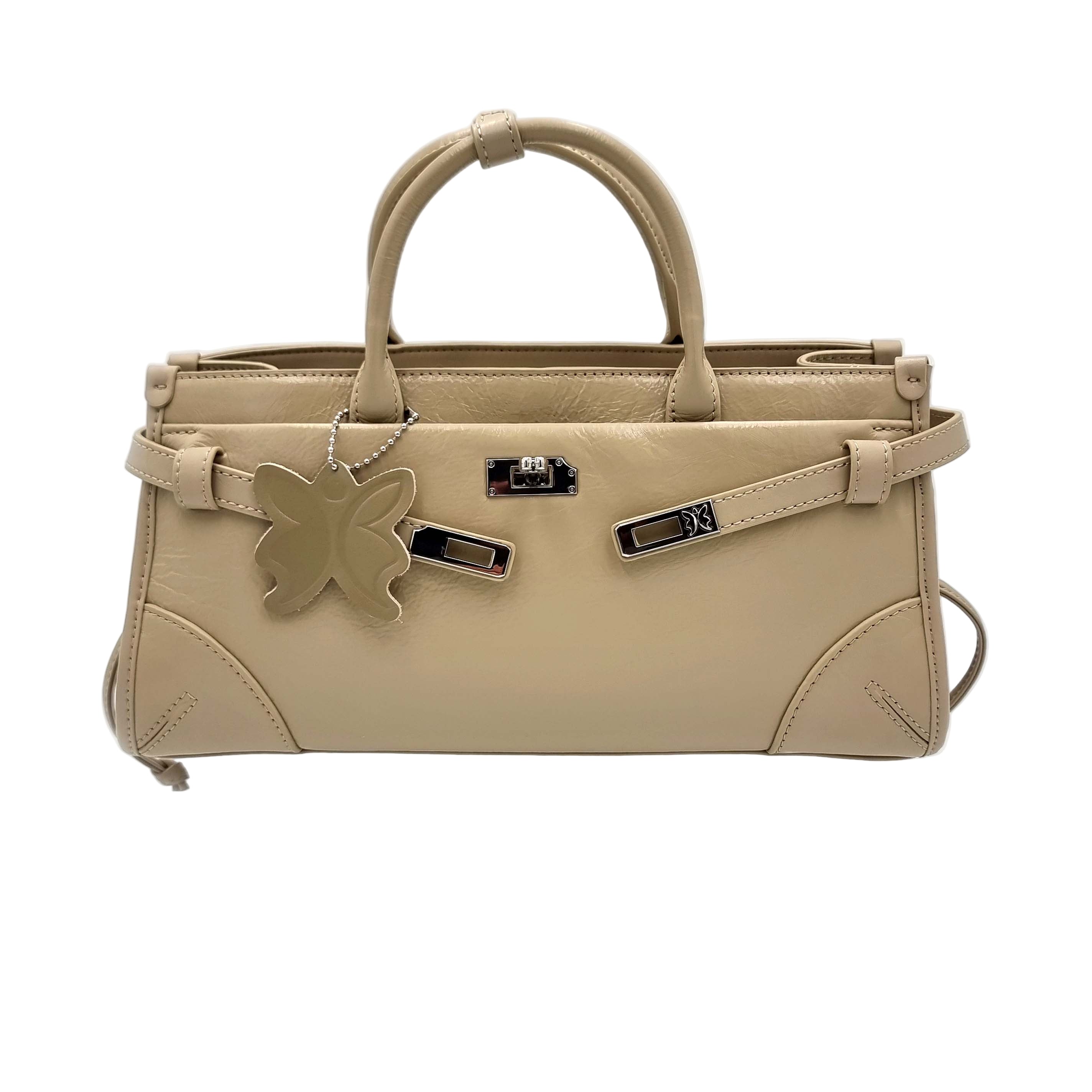 Beige Milk Tea Premium Real Leather Tote handbag with silver hardware