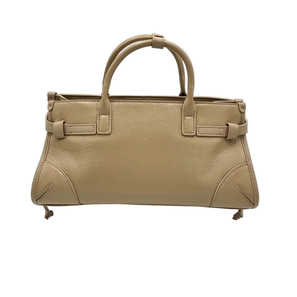 Beige Milk Tea Premium Real Leather Tote handbag with silver hardware