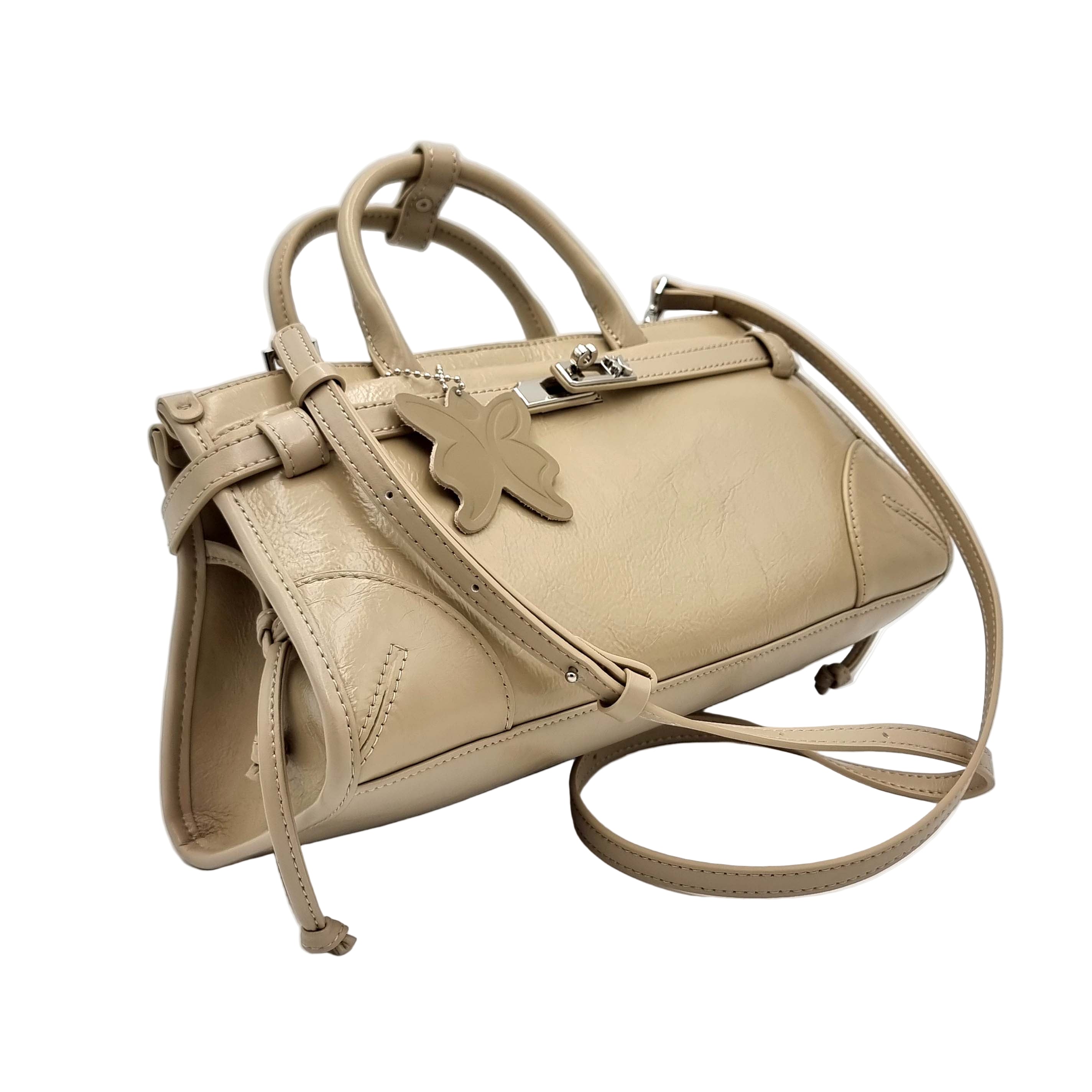 Beige Milk Tea Premium Real Leather Tote handbag with silver hardware