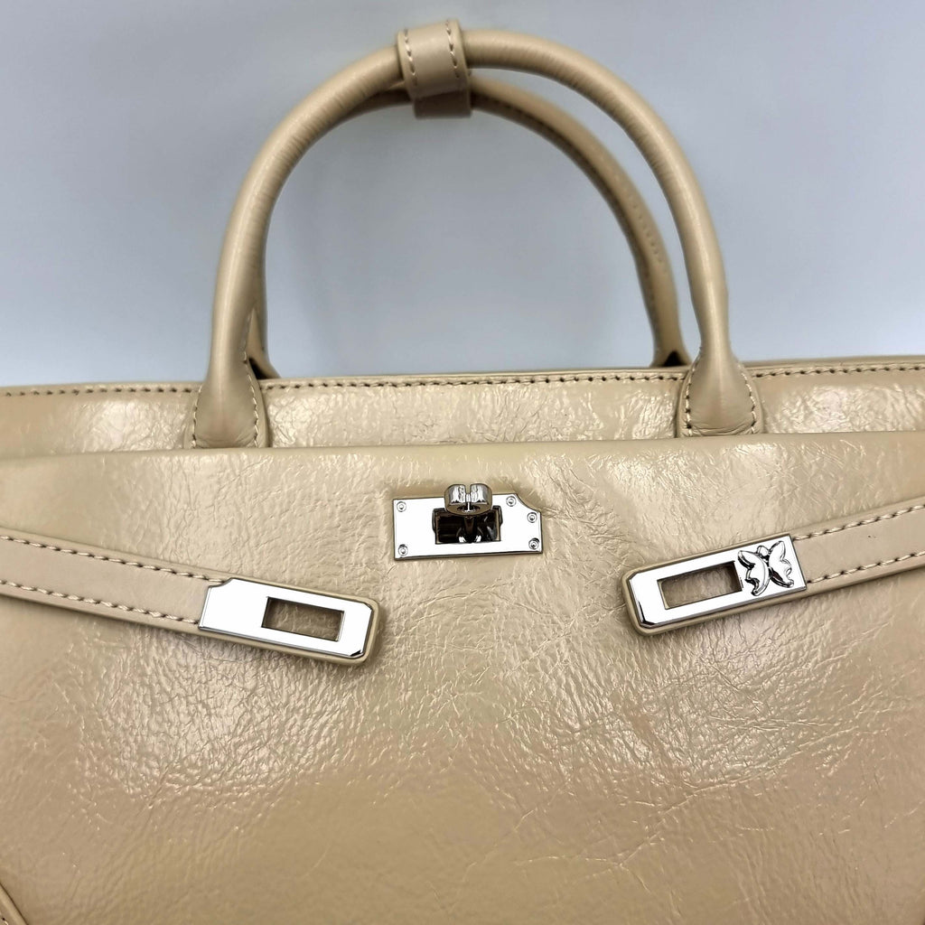Beige Milk Tea Premium Real Leather Tote handbag with silver hardware