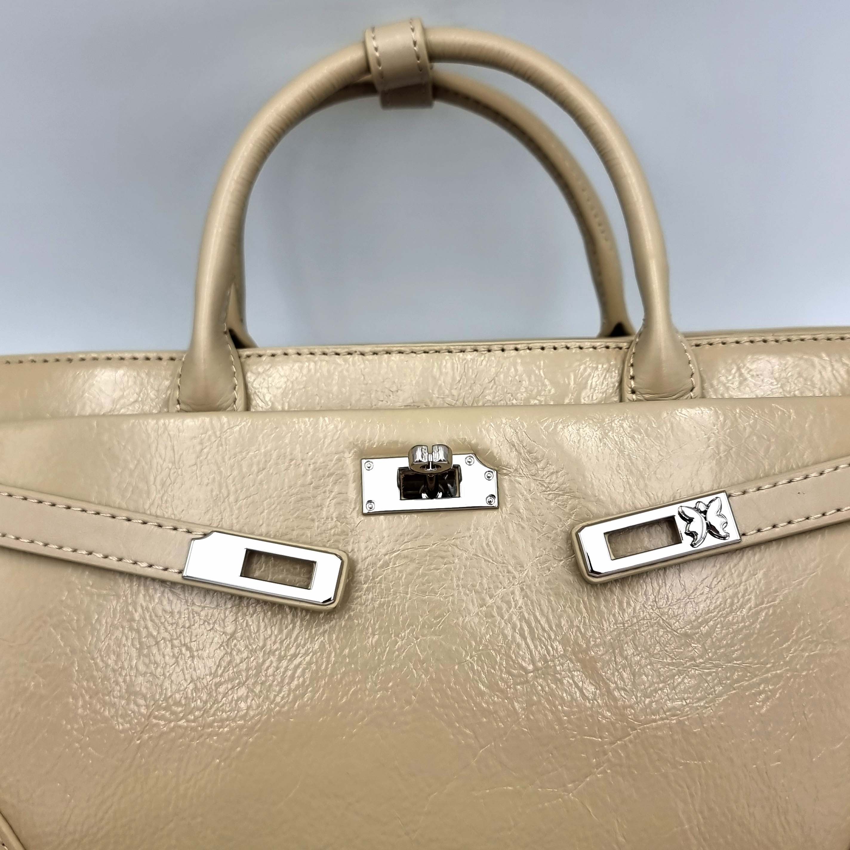 Beige Milk Tea Premium Real Leather Tote handbag with silver hardware