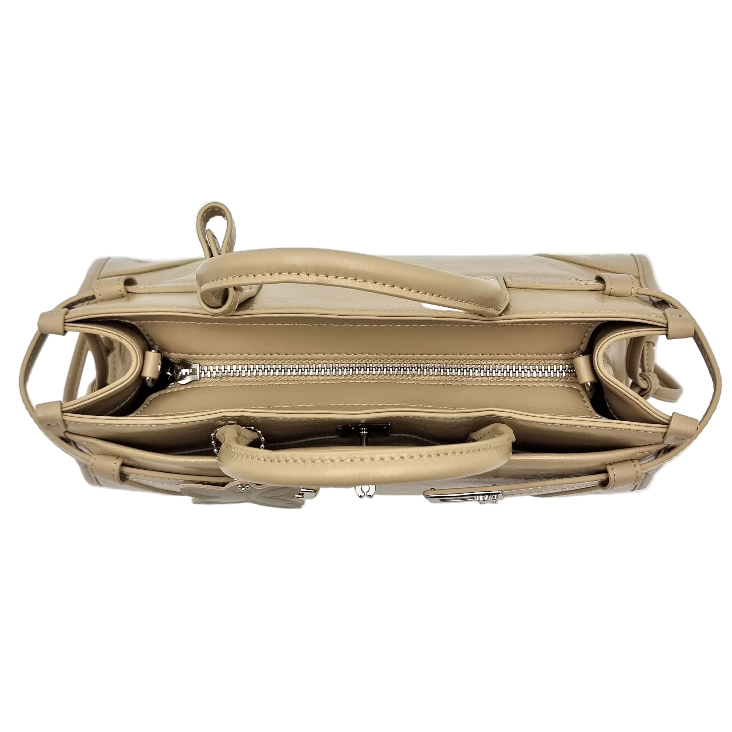 Beige Milk Tea Premium Real Leather Tote handbag with silver hardware