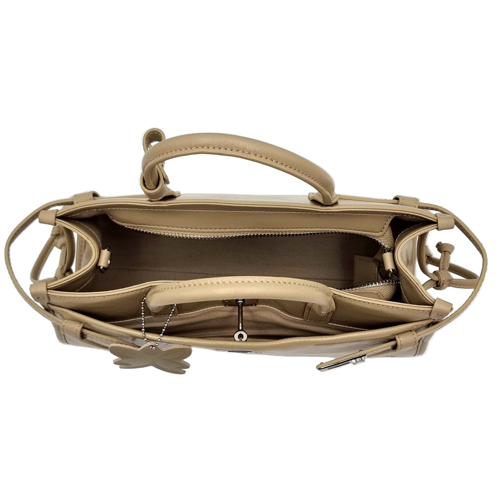 Beige Milk Tea Premium Real Leather Tote handbag with silver hardware