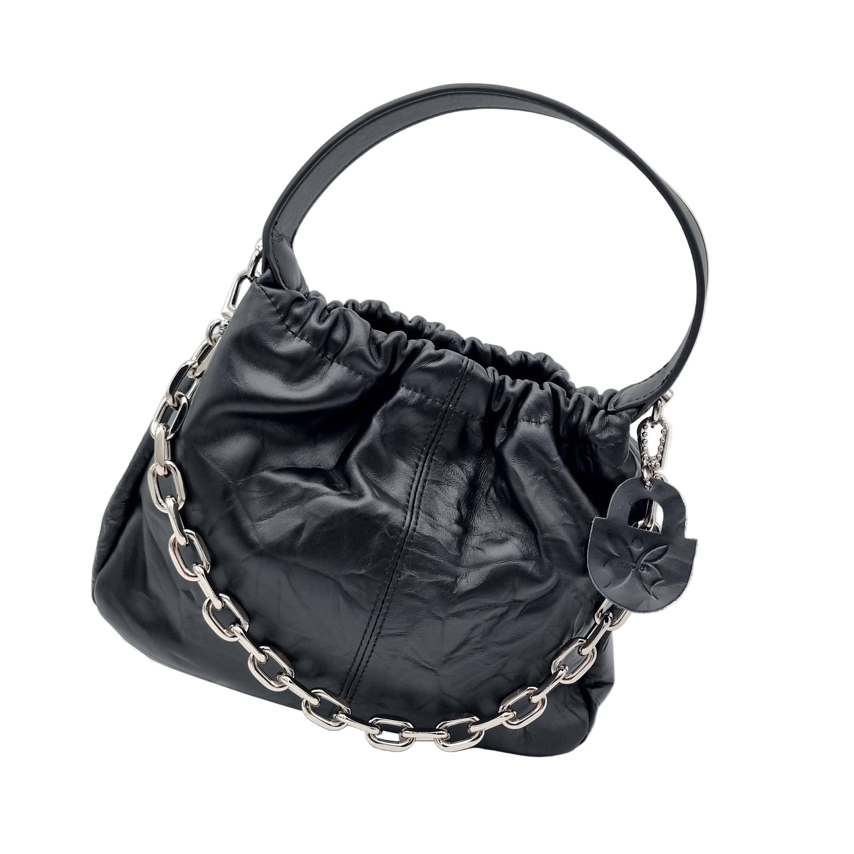satchel handbag pleated bucket real premium cowhide leather black