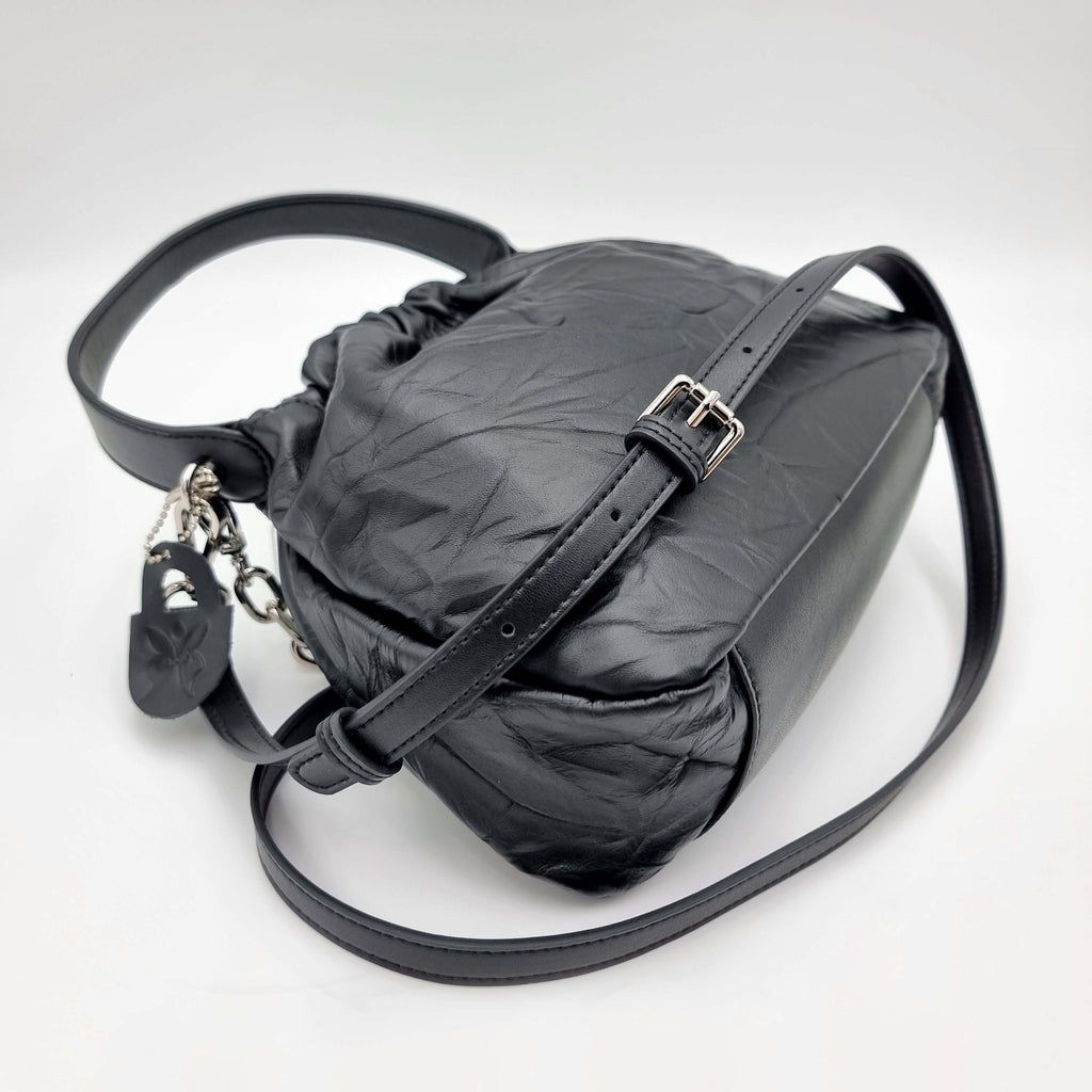 satchel handbag pleated bucket real premium cowhide leather black