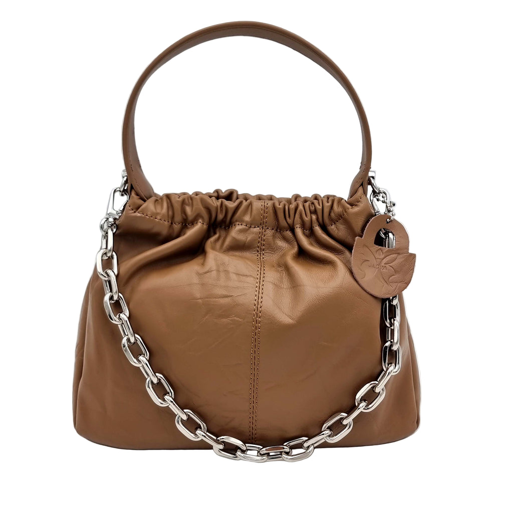 satchel handbag pleated bucket real premium cowhide leather brown