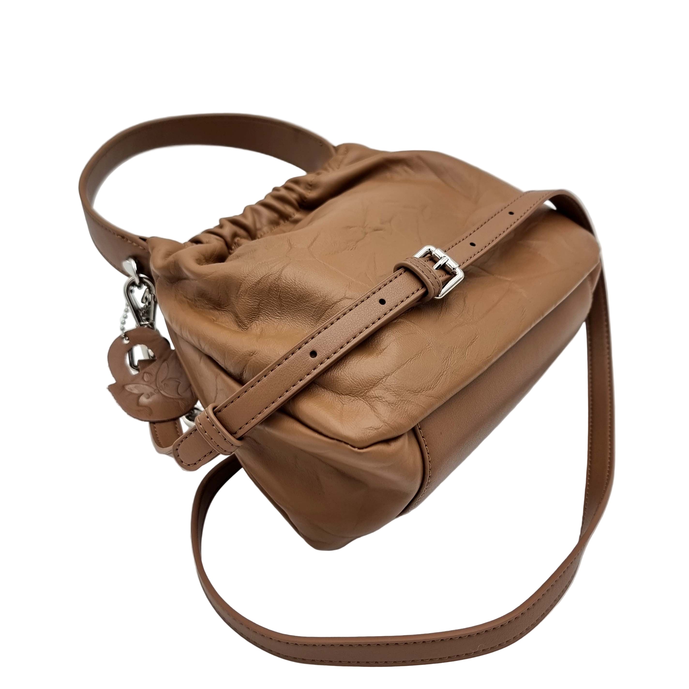 satchel handbag pleated bucket real premium cowhide leather brown