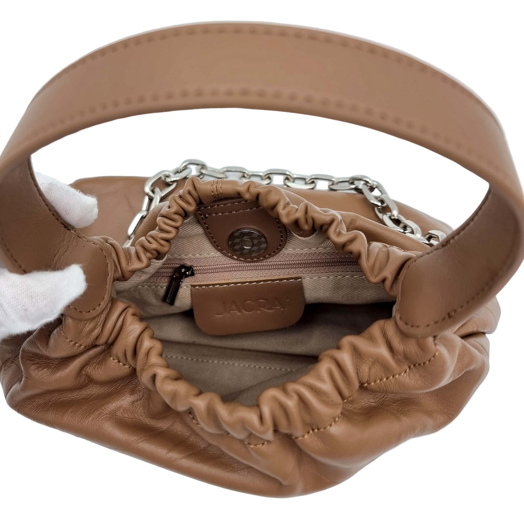 satchel handbag pleated bucket real premium cowhide leather brown