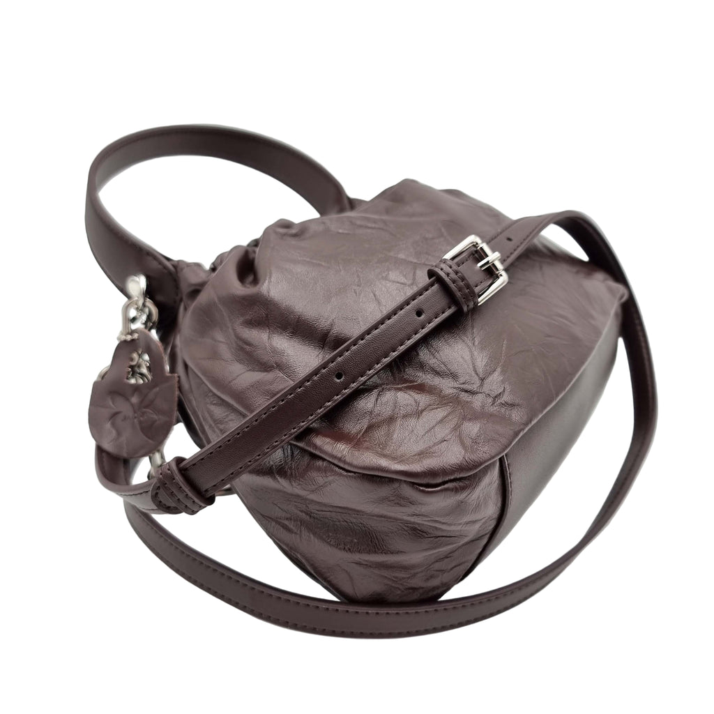 satchel handbag pleated bucket real premium cowhide leather coffee