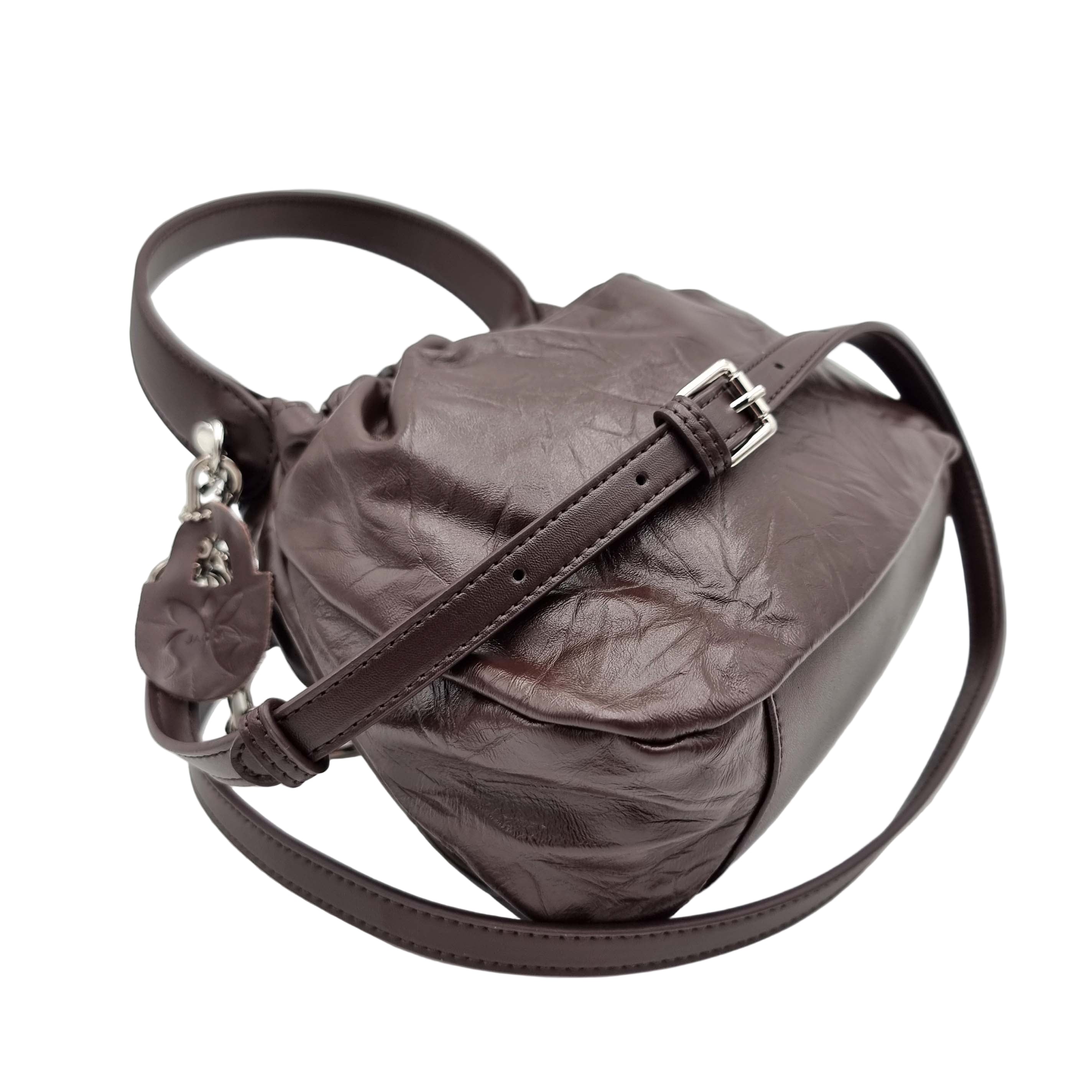 satchel handbag pleated bucket real premium cowhide leather coffee